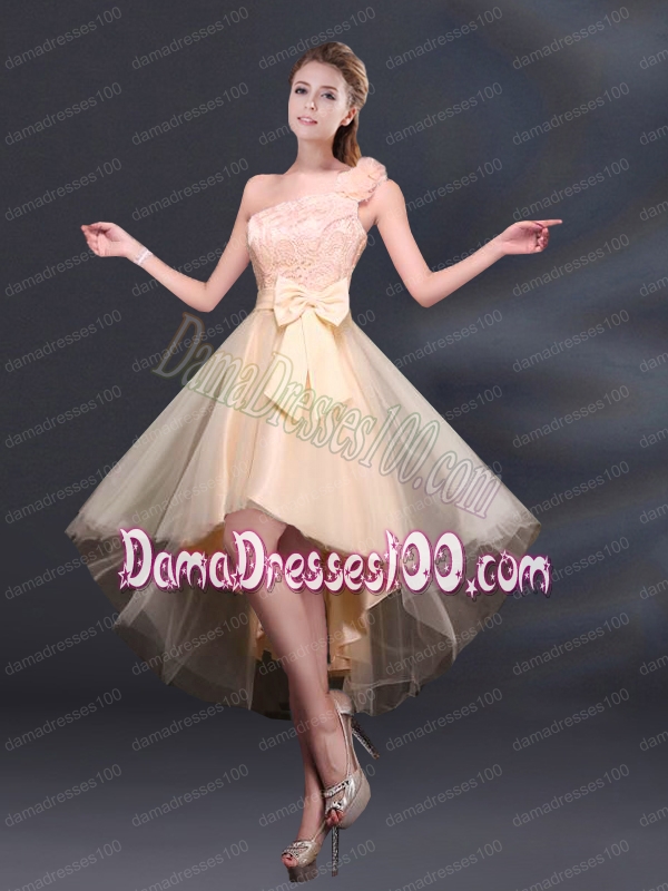 2015 Bowknot High Low Lace Up Dama Dress with One Shoulder