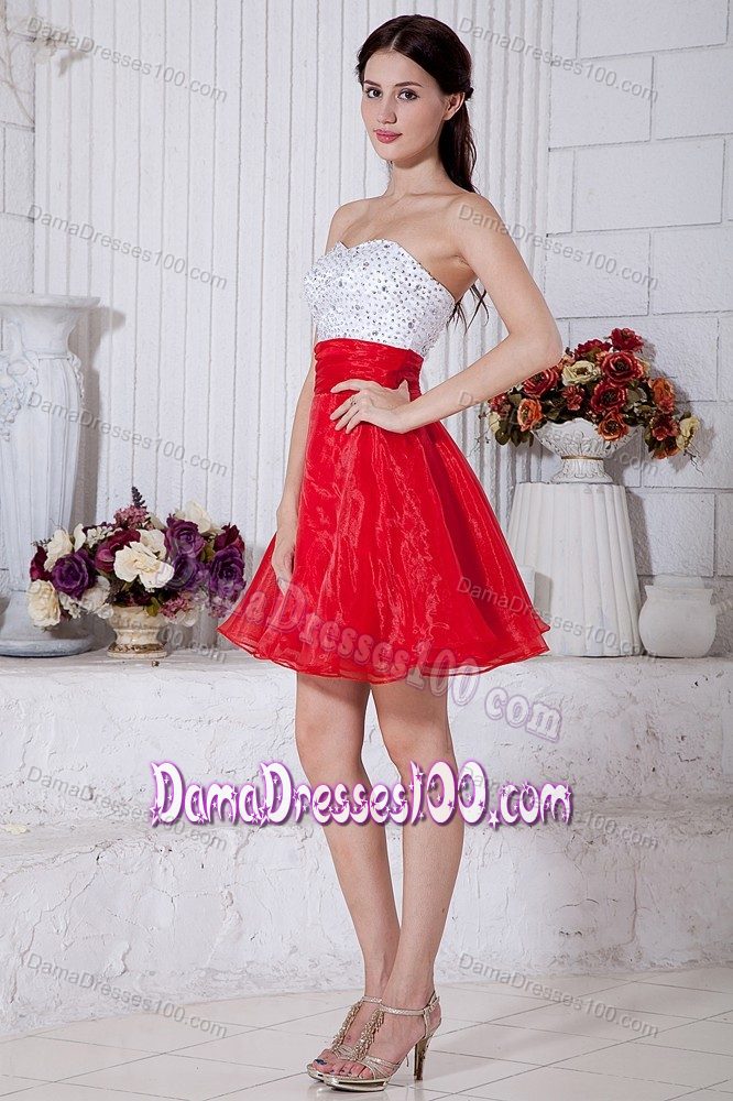 White and Red Puffy Short 15 Dresses for Damas with Beading