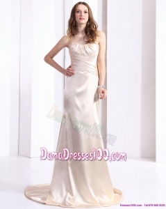 Elegant 2015 Long Dama Dress with Brush Train and Ruching