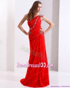 Elegant 2015 One Shoulder Red Long Dama Dress with Beadings and Brush Train
