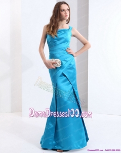 One Shoulder Baby Blue Long Dama Dresses with Brush Train