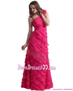 One Shoulder Long Dama Dresses with Ruffled Layers and Hand Made Flower