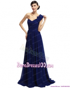One Shoulder Ruffled Navy Blue Long Dama Dresses with Hand Made Flower