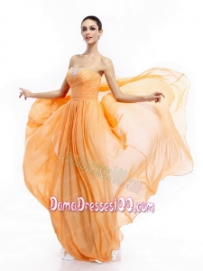 Popular Beading Sweep Train Gold Long Dama Dresses with Ruching