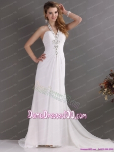 Beautiful 2015 Halter Top White Long Dama Dress with Ruching and Beading