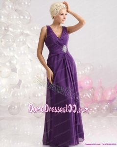 Elegant V Neck Floor Length Long Dama Dress with Beading and Ruching