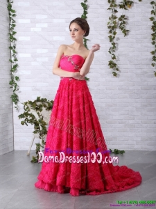 Exclusive Brush Train 2015 Long Dama Dress with Ruching and Beading