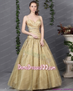 Luxurious 2015 Spaghetti Straps Champagne Long Dama Dress with Ruching and Beading