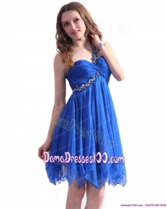 Perfect Blue One Shoulder Dama Dresses with Ruffles