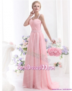 Remarkable 2015 Baby Pink Long Dama Dress with Brush Train and Ruching