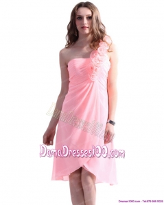 Baby Pink One Shoulder Dama Dresses with Ruching and Hand Made Flowers