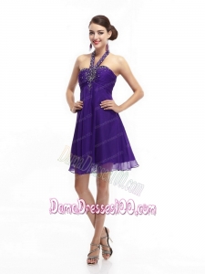 Purple Beading Halter Top 2015 Dama Dresses with Ruching