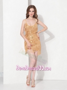 Gold Sequins and Mini Length Macrame Dama Dresses with Spaghetti Straps
