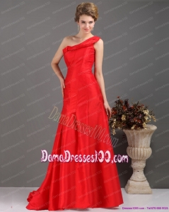 One Shoulder Pleated Red Dama Dress with Brush Train