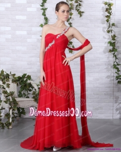Popular 2015 One Shoulder Red Dama Dresses with Beadings and Brush Train