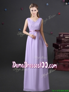 Exclusive Empire V Neck Lavender Dama Dress with Lace and Belt