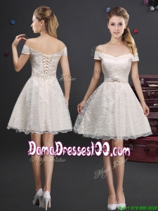 Pretty Applique and Laced Champagne Dama Dress in Knee Length