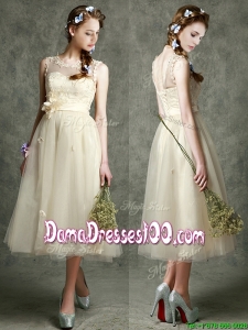 See Through Scoop Champagne Dama Dress with Hand Made Flowers and Appliques