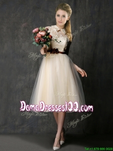 Luxurious High Neck Champagne Dama Dress with Hand Made Flowers and Lace
