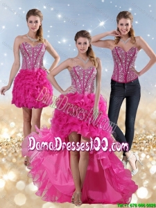 2015 Beautiful Hot Pink High Low Sweetheart Dama Dresses with Beading and Ruffled Layers