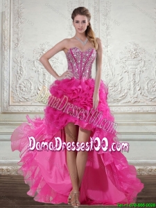 2015 Hot Pink High Low Sweetheart Group Buying Dama Dresses with Beading and Ruffled Layers