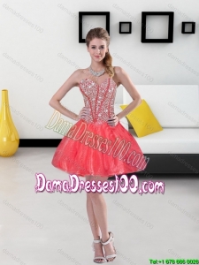 2015 Remarkable Beading Mini Length Cute Dama Dresses in Coral Red
