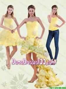 2015 Yellow Sweetheart High Low Group Buying Dama Dresses with Beading and Ruffled Layers