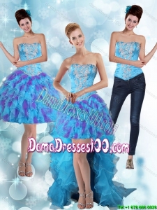 Modest Strapless High Low Ruffles 2015 Summer Dama Dresses For Quinceanera in Multi Color
