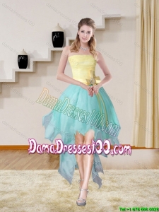 Multi Color Strapless High Low 2015 Elegant Cute Dama Dresses with Bowknot