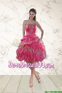 2015 Fall Coral Red Strapless Dama Dresses For Quinceanera with Beading and Ruffles