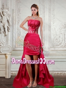 2015 Fall High Low Strapless Ruffled Coral Red Dama Dresses For Quinceanera with Hand Made Flower