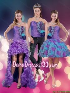 2015 Junior Spring Sweetheart Beading Multi Color Dama Dresses with Hand Made Flower