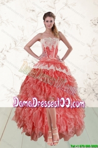 2015 Perfect High Low Ruffled Strapless Group Buying Dama Dresses in Watermelon