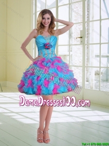 2015 Summer Ball Gown Strapless Ruffled Dama Dresses For Quinceanera with Hand Made Flower