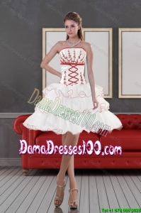 2015 Summer Beautiful Strapless Dama Dresses with Embroidery and Ruffle layers