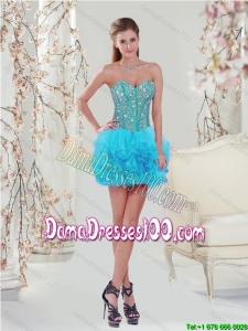 2015 Summer Popular Beading and Ruffles Mini-length Dama Dresses For Quinceanera in Turquoise