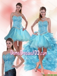2015 Summer Unique Aqua Blue Sweetheart High Low Dama Dresses For Quinceanera with Ruffles and Beading
