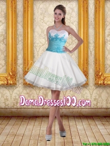 2015 Summer White Sweetheart Dama Dresses For Quinceanera with Blue Embroidery