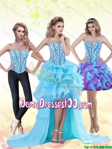 Aqua Blue High Low 2015 Summer Dama Dresses For Quinceanera with Beading and Ruffles