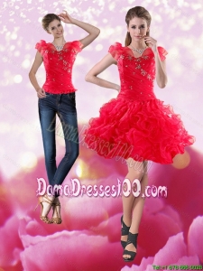 Gorgeous 2015 Knee Length Red Group Buying Dama Dresses with Beading and Ruffles