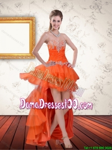 High Low Sweetheart Orange Group Buying Dama Dresses with Ruffles and Beading