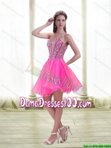 Popular A Line Beading 2015 Summer Dama Dresses For Quinceanera in Hot Pink