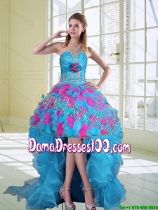 2015 Fall High Low Strapless Ruffled Dama Dresses with Hand Made Flower