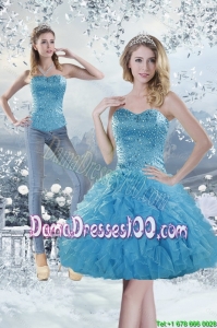 2015 Modest Sweetheart Aqua Blue Group Buying Dama Dresses with Beading and Ruffles