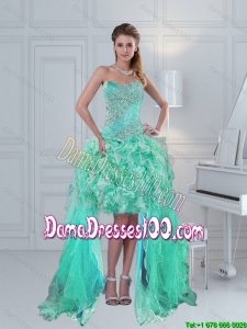 2015 Summer Prettu High Low Sweetheart Ruffled Beaded Dama Dresses For Quinceanera in Apple Green