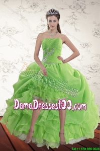 2015 Summer Spring Green High Low Dama Dresses For Quinceanera with Ruffles and Beading