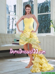 Light Yellow Sweetheart High Low Dama Dress with Beading and Ruffled Layers