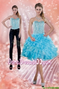 2015 Fitting Baby Blue Dama Dress with Beading and Ruffles