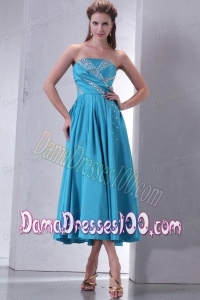 2014 Cheap Teal Empire Strapless Tea-length Dama Dress with Beading