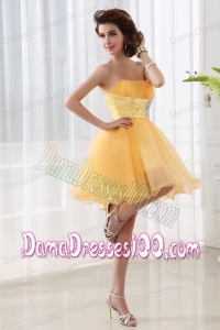 A-line Strapless Organza Gold Mini-length Dama Dress with Ruching